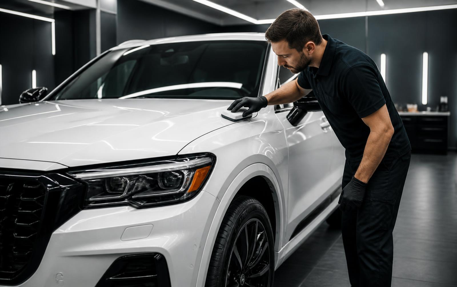 Technician applying ceramic coating to a new vehicle in a dealership prep bay